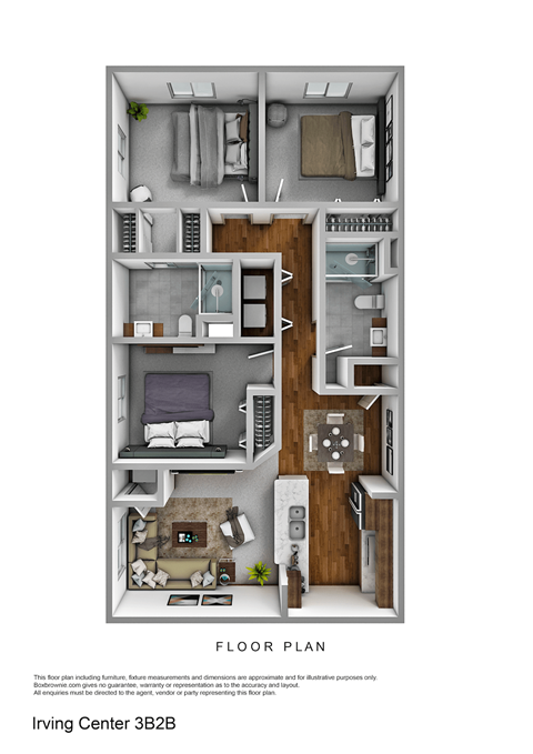 Floor plan for 3 beds, 2 baths, 1068 sqft